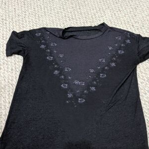 AllSaints Black Short Sleeve Tee with Subtle V-Shape Floral Motif